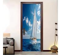 Adesivi Per Porte 3D Stacca e Attacca 82x200 cm Tema Nautico Della Barca A Vela Adesivo Porta Pvc Impermeabile Rimovibile Blu Porte Poster Per La Camera Da Letto e Soggiorno