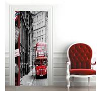 Adesivi Per Porte Interne Autobus Rosso Adesivo Porta 3D Paesaggi Urbani Adesivo per Porta Trompe l'oeil Autoadesivo per Frigorifero Cucina Camera da Letto Decorazione 90x210 cmd-2122