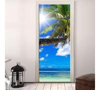 Adesivi per Porte Interne Mare Blu Adesivo Porta Interna Palme 3D Murale Decorazione Camera Da Letto Bagno Poster Porta Autoadesivo Carta Da Parati 90x210 cm 5456a