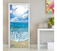 Adesivi per Porte Interne Vista Mare Adesivo Porta Interna Stella Marina Sulla Spiaggia 3D Murale Decorazione Camera Da Letto Bagno Poster Porta Autoadesivo Carta Da Parati 95x215 cm 4357A