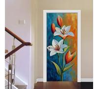 Adesivi per Porte Lily Arancione Blu Adesivi per Porte Interne PVC Impermeabile Decorazione DIY per Bagno Camera da Letto Soggiorno Adesivo Porta Facile da Pulire (95x215 cm)