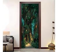 Adesivi per Porte Modello di Casa Sull'Albero Fantasy Interne 3D PVC Impermeabile Autoadesivo Rimovibile Buccia e Bastone Verde Adesivo di Porta Per la Decorazione Domestica 95x215 cm