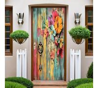 Adesivi per Porte Retro venature del legno floreale Manifesto per porta PVC Impermeabile Autoadesivo, Adatto per uso interno ed esterno 83 x 210 cm