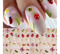 Adesivi per unghie a 5D per San Valentino, raffiguranti api, fiori, coccinelle, farfalle, fragole, eleganti margherite, tulipani, decorazioni floreali per arte di unghie, 2 fogli Animale,Ritratto,Geom