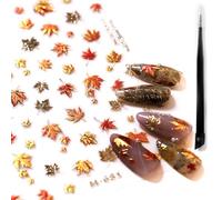Adesivi per Unghie Autunno Oro 5D, con Pinzetta, Stickers Unghie Autoadesivi per Nail Art Fai da Te, Decorazione Unghie con Design Foglie Autunnali