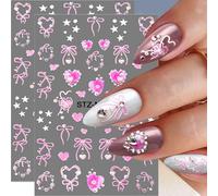 Adesivi per unghie di San Valentino, a forma di cuore, con fiocco, rosa, per nail art