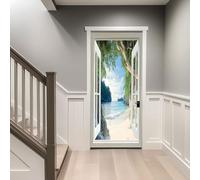 Adesivi Porte 3D 80 x 200 cm Spiaggia Tropicale Fuori Dalla Finestra Autoadesivo Carta Parati Porta fotomurali Decorazione da Parete Poster murale Decalcomanie Rimovibile per Soggiorno, Blu Verde