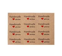 Adesivi quadrati fatti a mano con amore, 12 pezzi, etichette adesive in carta kraft con cuori rossi, sigillatura decorativa trasparente