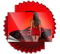 Adesivi scherzi per adulti Una donna in rosso si trova accanto a un'auto sportiva elegante. Adesivi 10 adesivi scherzi per adulti adesivi vuoti per paraurti (6 x 9 cm)