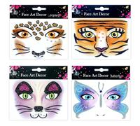 Adesivi Tatuaggi Temporanei per il Viso di Animale, 4 Pezzi Adesivi Rimovibili per il Viso, Tatuaggi Facciali Leopardato tigre Farfalla gatto, Glitter Sticker Tatuaggio per Halloween, Carnevale