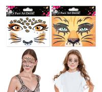 Adesivi Viso Leopardo 2 Pezzi Leone Tatuaggi Viso Rimovibili Face Art Sticker Animals con Glitter per Bambini Donna Carnevale e Halloween Cosplay