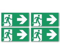 Adesivo: 150 x 300 mm, 4 pezzi - via di salvataggio/uscita di emergenza - combinazione con freccia destra - segno di salvataggio - E001 / E002 - verde/bianco - DIN EN ISO 7010 / ASR A1.3