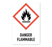 Adesivo: 300 x 200 mm, 1 pezzo, pericolo infiammabile, lingua: inglese, simbolo di pericolo con testo (rosso/bianco) - verticale - GHS02 - Pittogramma di pericolo UN/GHS
