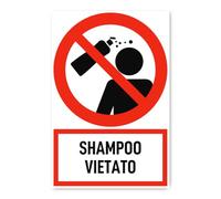 Adesivo: 300 x 200 mm, 1 pezzo, shampoo con nome vietato, lingua: italiano, segno di divieto con testo (rosso/bianco) - verticale - DIN EN ISO 7010