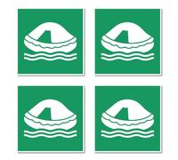 Adesivo: 75 x 75 mm, 4 pezzi - Zattera di salvataggio - E038 - verde/bianco - DIN EN ISO 7010 / ASR A1.3