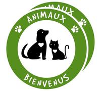 Adesivo Animali benvenuti. Pet Friendly. Cani Gatti Benvenuti Zona Amichevole Tenda Rotonda (10 cm.)