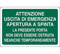 Adesivo cm 18x12 ATTENZIONE Uscita di Emergenza Apertura A Spinta LA Presente Porta Non Deve Essere OSTRUITA NEANCHE TEMPORANEAMENTE