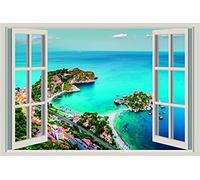 ADESIVO DA MURO - Isola Bella Sicilia 3D Window - Adesivo murale Wall Sticker Decalcomania In Vinile Arte Murale Decor (150x100)