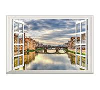 Adesivo da parete 3D con finestra finta, per bagno, soggiorno, camera da letto, ponte ad arco nella città acquatica