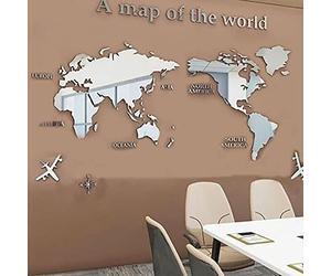 Adesivo da parete a specchio in acrilico 3D con disegno di mappa del mondo per la decorazione e la decorazione della parete, riflettente e facile da installare, ideale per il