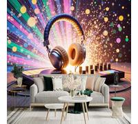 Adesivo da parete autoadesivo, dimensioni personalizzate, motivo: cuffie DJ musicali, console di mixaggio al neon, in tessuto (senza PVC) rimovibile, grande carta da parati fotografica, per soggiorno