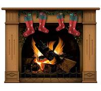 Adesivo da parete Camino con Fuoco Ardente, Decalcomania della Parete Decorazione Legna da Ardere Poster fotorealistico (Medio Marrone con 4 Calze di Natale)
