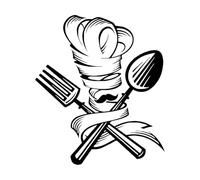 Adesivo da parete con cucchiaio, forchetta, cappello e baffi da chef, cucina, sala da pranzo, barba da chef, utensili da cucina, adesivo da parete, ristorante, vinile, piccolo - 35x40cm
