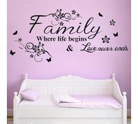 Adesivo da parete con scritta "Family Where Life Begins and Love Never Ends" Decalcomanie murali Scritture religiose cristiane in vinile Lettera di famiglia Citazione d'arte Murale per camera da letto
