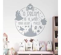 Adesivo da parete con scritta in inglese "A Dream is a Wish Your Heart Makes", motivo: Cenerentola Disney, XXL, colore: argento