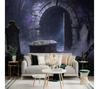 Adesivo da parete di dimensioni personalizzate, antica cripta in pietra, misterioso cimitero nebbioso, pietra tombale muschiata, tunnel atmosferico scuro, per decorazione murale, decalcomanie da