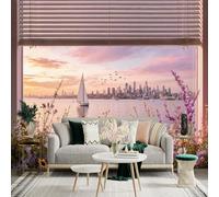 Adesivo da parete di dimensioni personalizzate, barca a vela sul mare calmo, skyline della città al tramonto, fiori per finestra, vista costiera scenica, per decorazione da parete, decalcomanie da