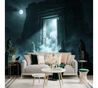 Adesivo da parete di dimensioni personalizzate, cancello di pietra antico, notte di luna e nebbia, sagome di statue, per decorazione murale, decalcomanie da parete peelandstick.