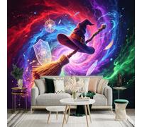 Adesivo da parete di dimensioni personalizzate, cappello magico da strega e scopa, sfondo di nebulosa galassia fantasy, simboli mistici luminosi, per decorazione da parete, decalcomanie da parete