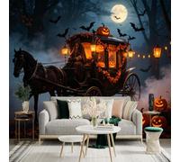 Adesivo da parete di dimensioni personalizzate, carrozza misteriosa trainata da cavalli, foresta cupa di notte, luna piena e pipistrelli volanti, anterne di fiamme luminose, per la decorazione della
