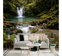 Adesivo da parete di dimensioni personalizzate, cascata incantata della foresta profonda, ruscello di montagna tranquilla, rocce muschiose e felci, per la decorazione della parete, decalcomanie da