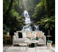 Adesivo da parete di dimensioni personalizzate, cascata tropicale a cascata, foresta pluviale verde lussureggiante, raggi di sole attraverso il baldacchino della foresta, paesaggio naturale sereno