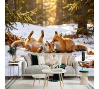 Adesivo da parete di dimensioni personalizzate, due volpi giocose nella neve, sfondo della foresta invernale dorata, scena di animali selvatici, decorazione da parete, decalcomanie da parete
