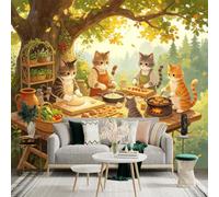 Adesivo da parete di dimensioni personalizzate, gatti carini che cucinano nella foresta, accogliente scena da giardino, arte culinaria della fattoria, decorazione da parete, decalcomanie da parete