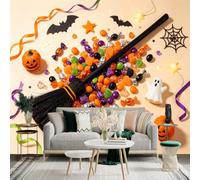 Adesivo da parete di dimensioni personalizzate, manico di scopa per strega di Halloween, dolcetti colorati, sagome di pipistrelli spettrali, decorazioni per feste festive, decorazione da parete