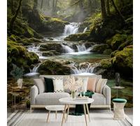 Adesivo da parete di dimensioni personalizzate, ruscello della foresta nebbiosa, cascate a cascata, rocce muschiose nel fiume, vista paesaggio naturale, per decorazione murale, decalcomanie da parete
