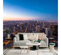 Adesivo da parete di dimensioni personalizzate, skyline panoramico della città al crepuscolo, vista notturna urbana, edifici moderni metropoli, decorazione da parete, decalcomanie da parete