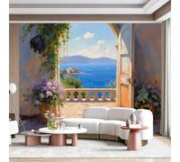Adesivo da parete in tessuto autoadesivo con vista sull'oceano sul balcone e sulla porta del balcone e della mediterranea, rimovibile, per la decorazione di casa e ufficio