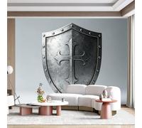 Adesivo da parete in tessuto autoadesivo in stile gotico e art déco, con scudo medievale cavaliere medievale, in tessuto rimovibile per la decorazione di casa e ufficio