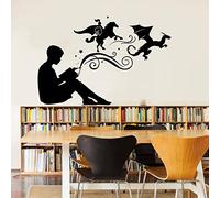 Adesivo da parete in vinile per la cameretta dei bambini o per la biblioteca Bambino che legge cavalieri e draghi immaginari Nero 80 x 54 cm