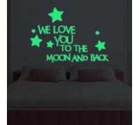 Adesivo da parete luminoso che si illumina al buio, con scritta "We Love You And Back Star", in PVC, per applicazione su pareti, battenti, mobili, specchi e altre superfici lisce