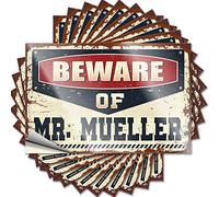 Adesivo in vinile con scritta "Beware of Mr. Mueller Reading for Sand Use" (6 x 9 cm)