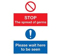 Adesivo in vinile con scritta "Stop germs Please wait here to be vede".