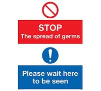 Adesivo in vinile con scritta "Stop germs Please wait here to be view" (lingua italiana non garantita).