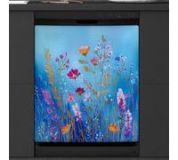 Adesivo magnetico per lavastoviglie, motivo: fiori selvatici su sfondo blu, decorazione per elettrodomestici da cucina, riutilizzabile, copertura magnetica per frigorifero, 66 x 68 cm