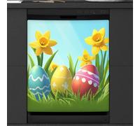 Adesivo magnetico per lavastoviglie, motivo: uova di Pasqua, narcisi e fiori su prati, decorazione per elettrodomestici da cucina, riutilizzabile, copertura magnetica per frigorifero, 66 x 58 cm